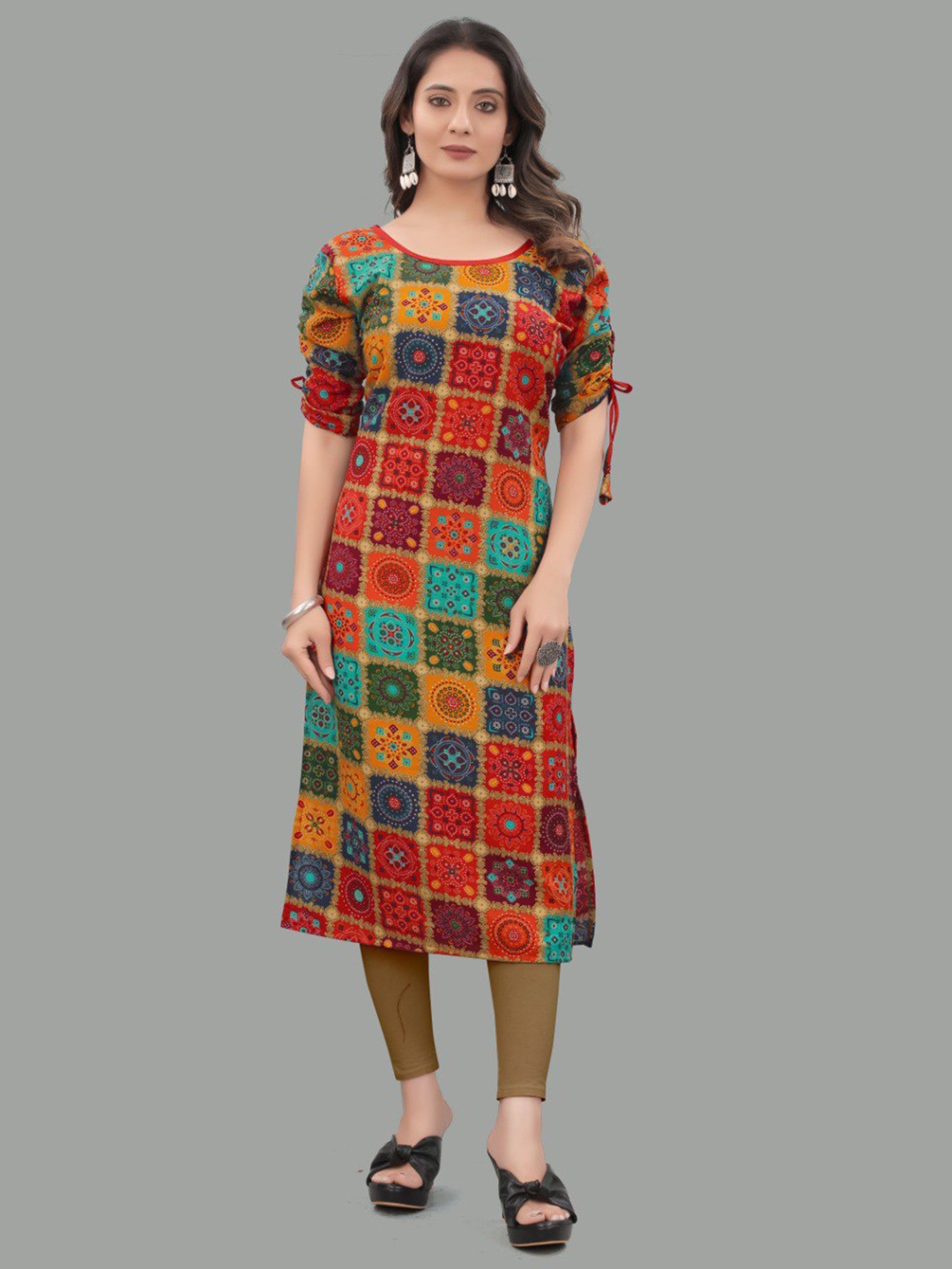 

RIVAMA Women Red & Yellow Ethnic Motifs Printed Cotton Kurta