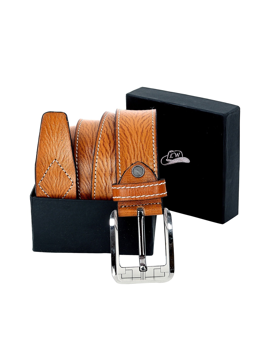 

Leather World Men Tan Textured Leather Belt