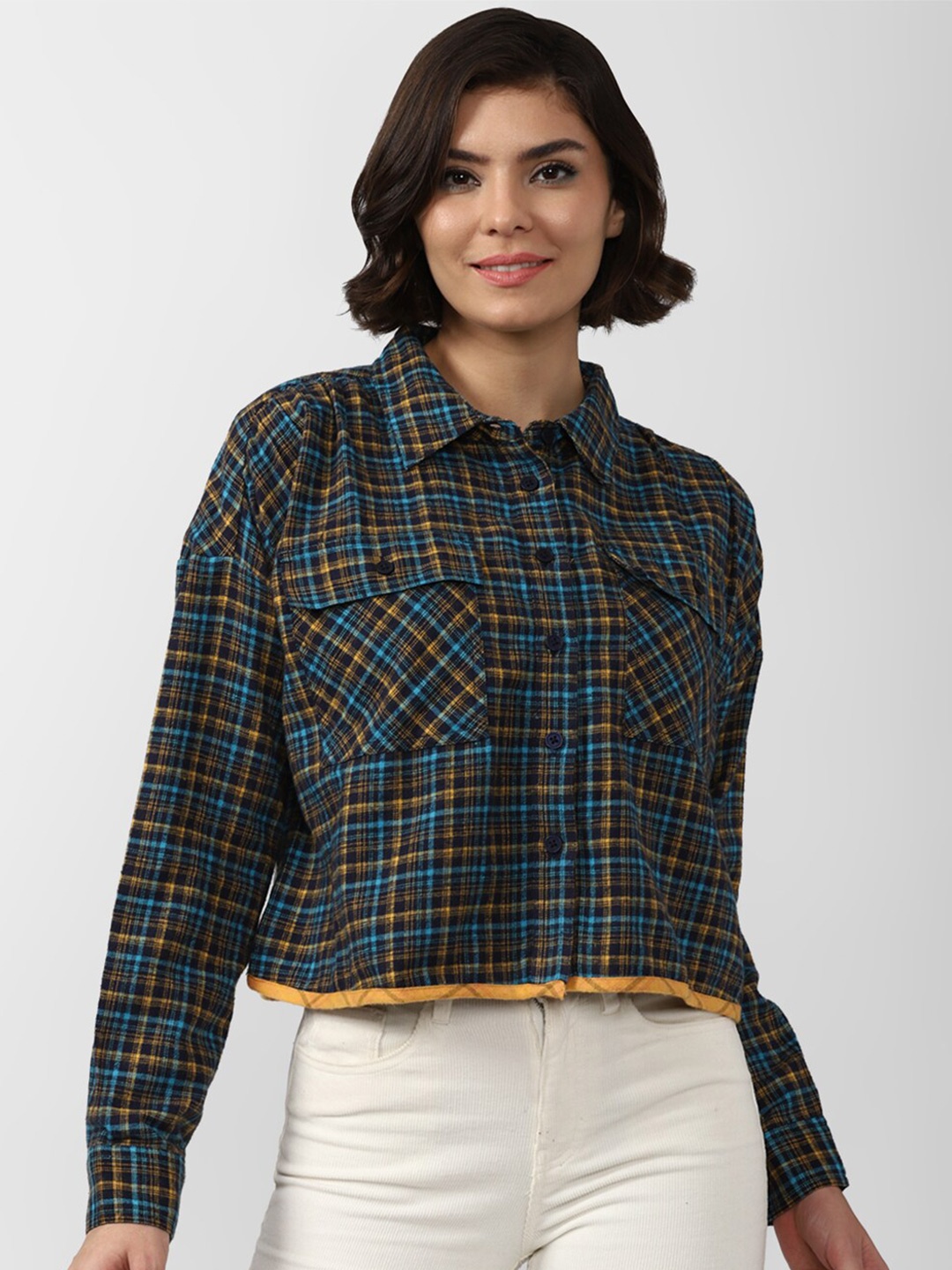 

FOREVER 21 Women Blue Tartan Checks Checked Cotton Casual Shirt