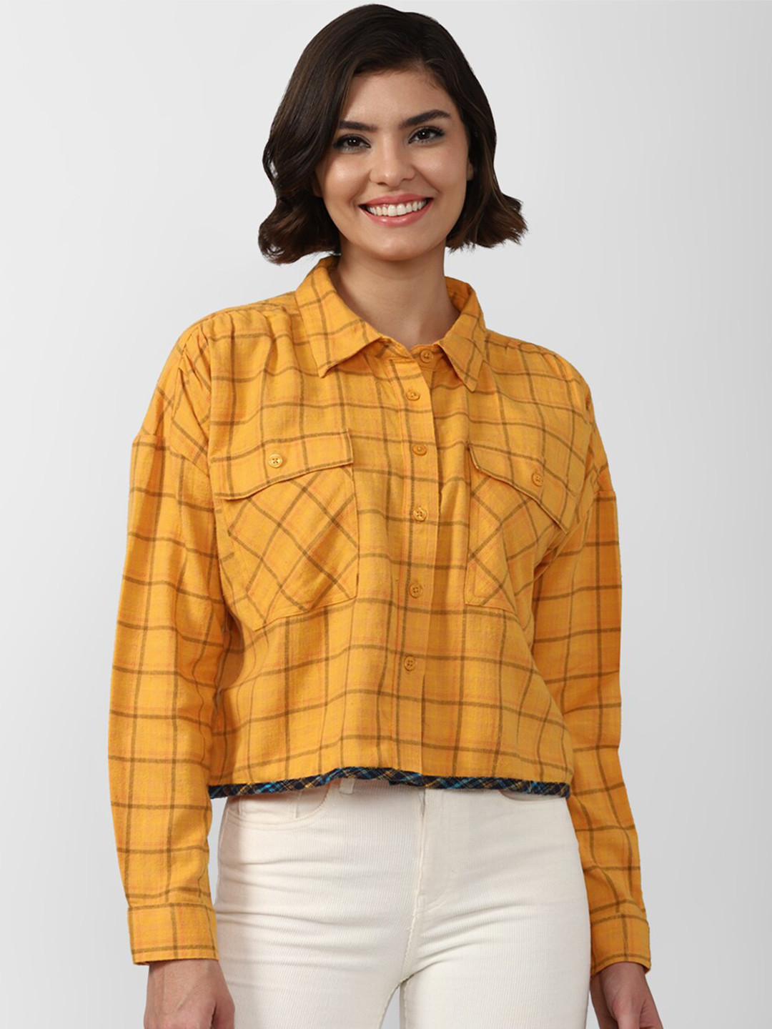 

FOREVER 21 Women Yellow Checked Cotton Casual Shirt