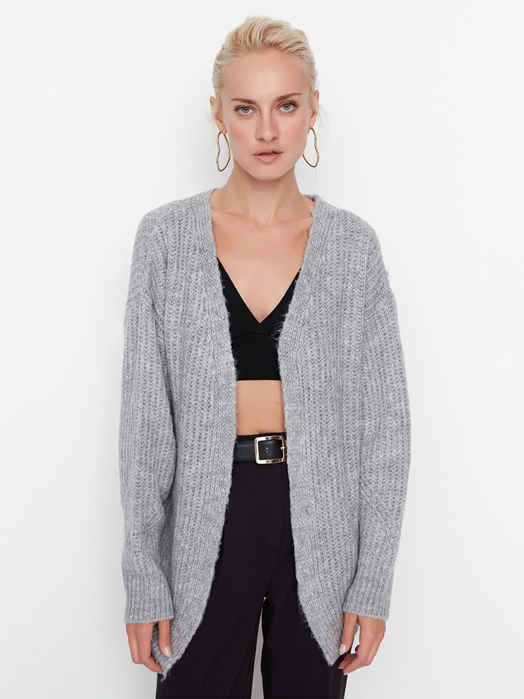 

Trendyol Women Grey Cable Knit Longline