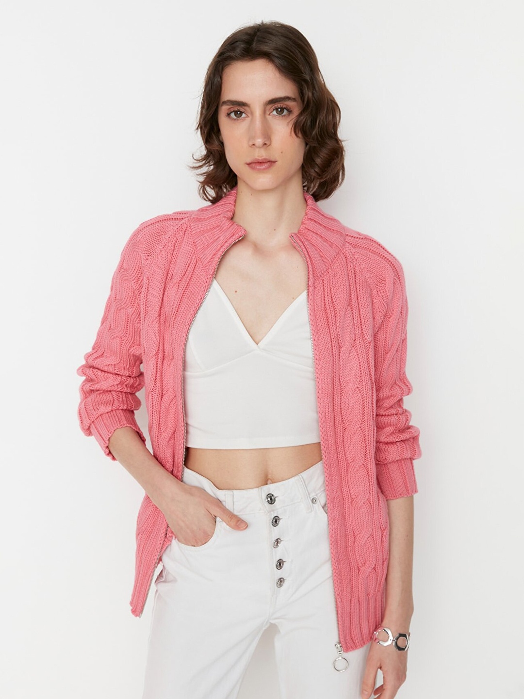 

Trendyol Women Pink Cable Knit Cardigan