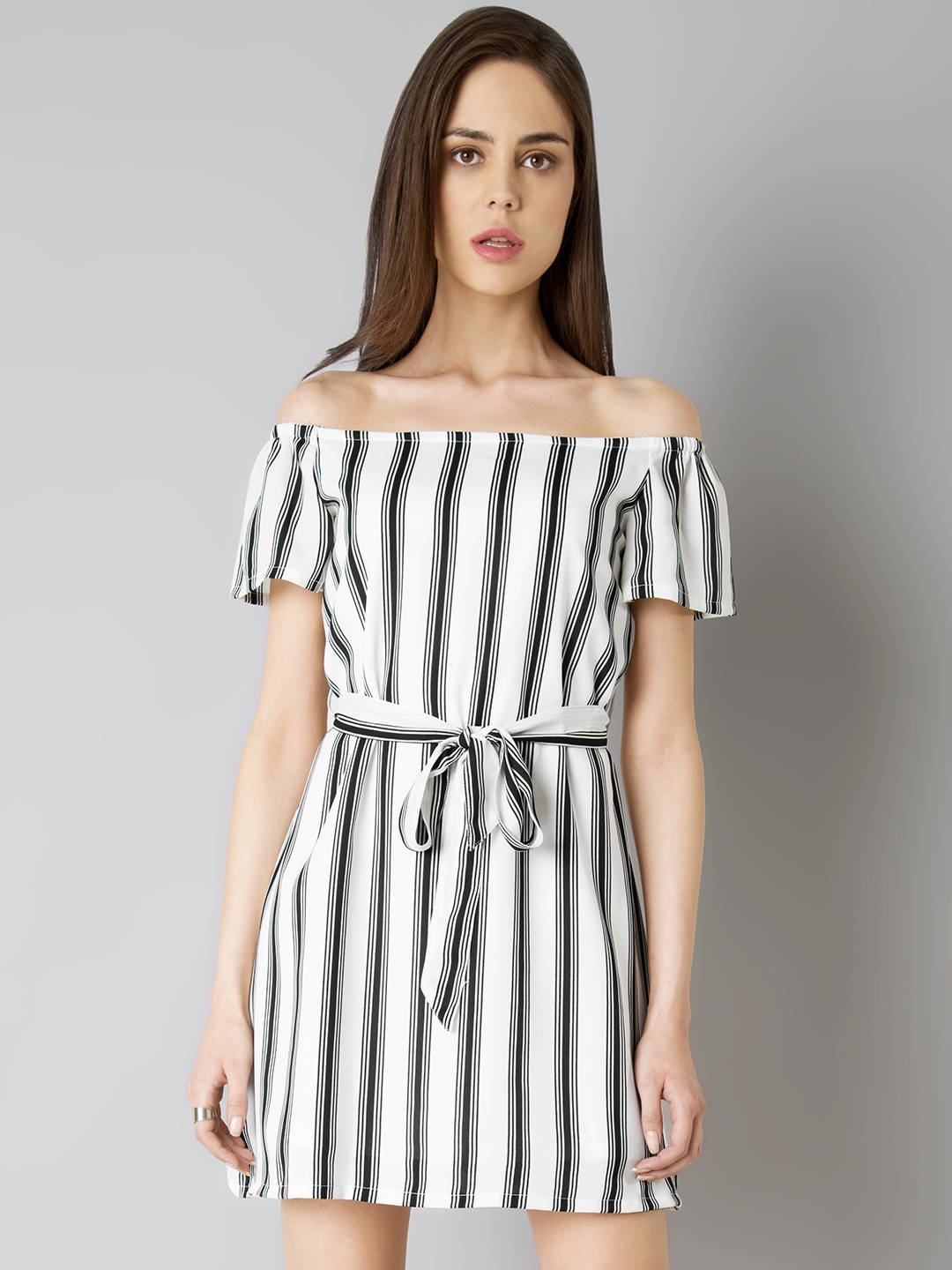 

FabAlley Women White & Black Striped A-Line Dress