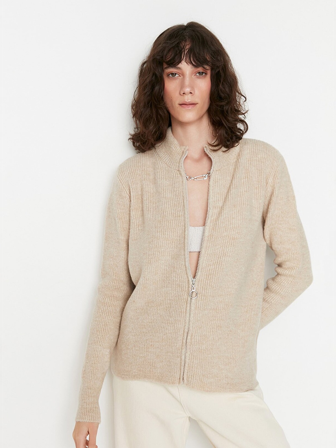 

Trendyol Women Beige Ribbed with Zip Detail Acrylic Sweater