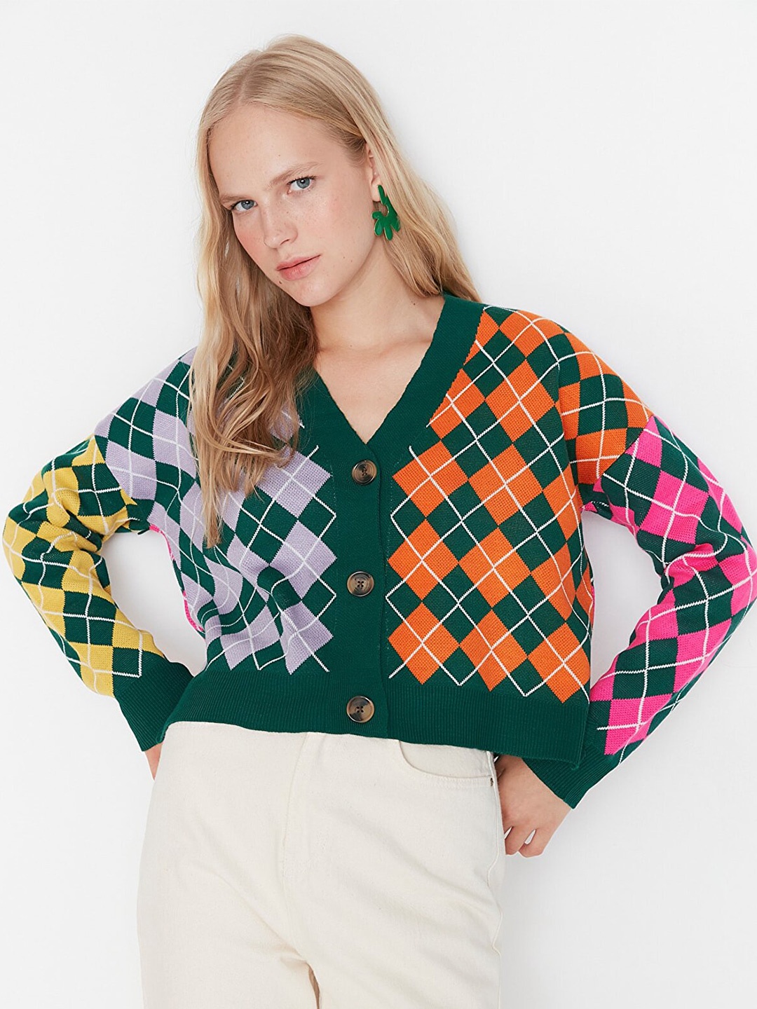 

Trendyol Green & Purple Geometric Print Shirt Style Crop Top