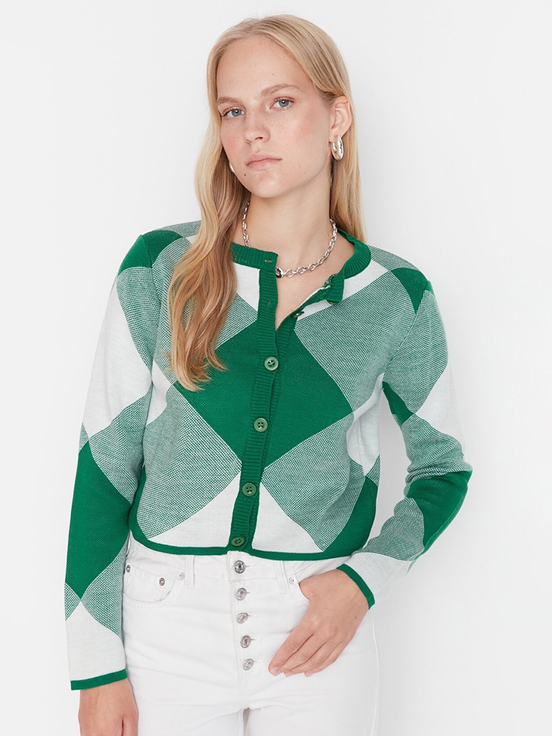 

Trendyol Women Green And White Geometric Printed Long Sleeves Acrylic Cardigan
