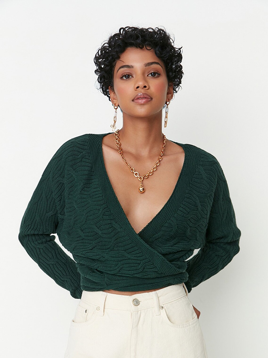 

Trendyol Green Extended Sleeves Wrap Crop Top