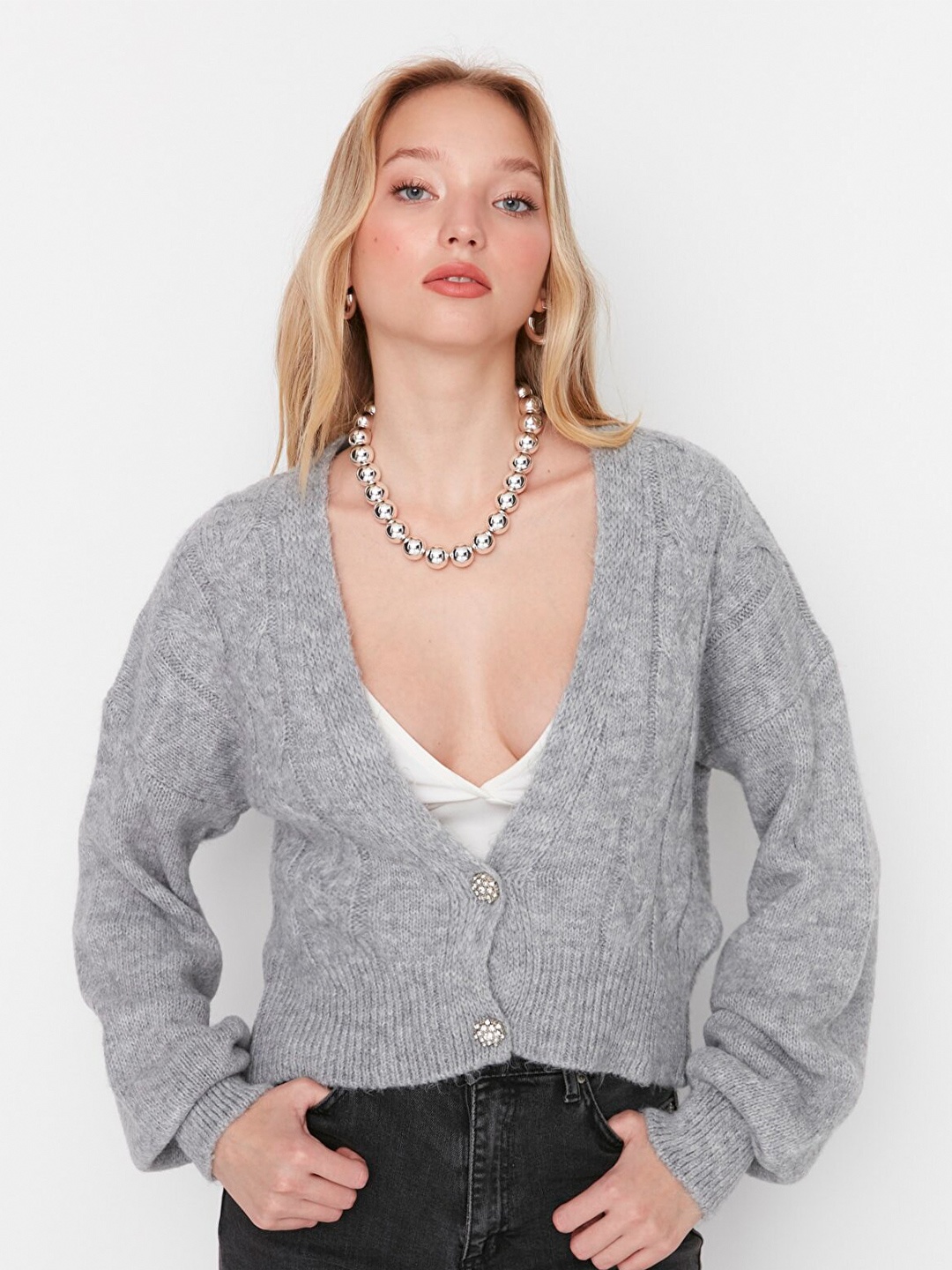 

Trendyol Women Grey Melange Cable Knit Cardigan