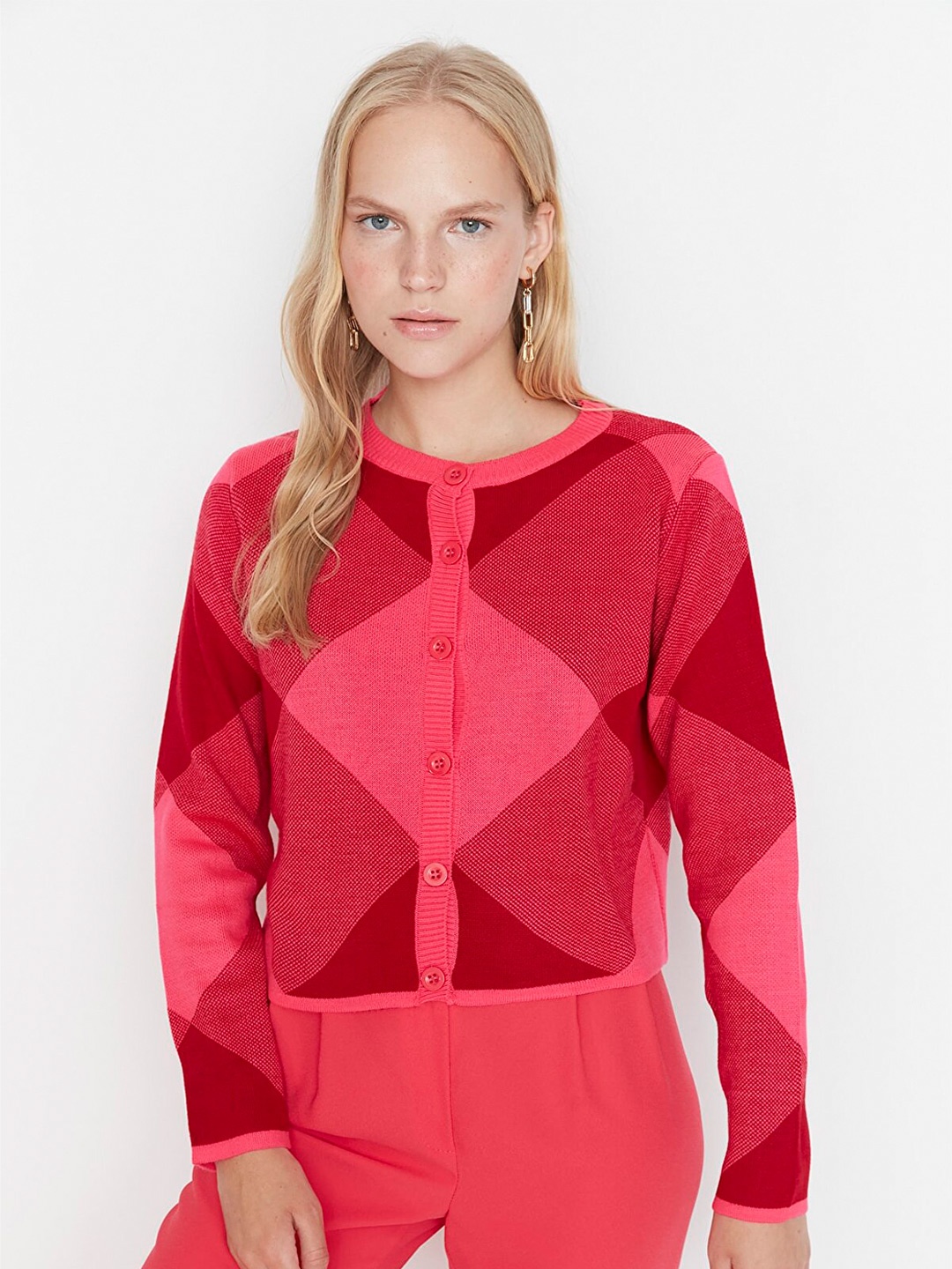 

Trendyol Women Fuchsia Checked Checked Crop Cardigan