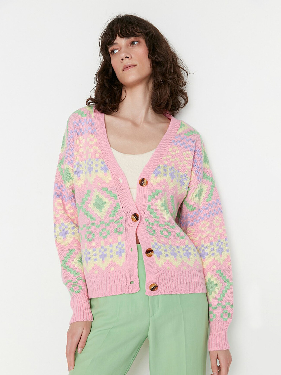 

Trendyol Women Pink & Yellow Argyle Cardigan