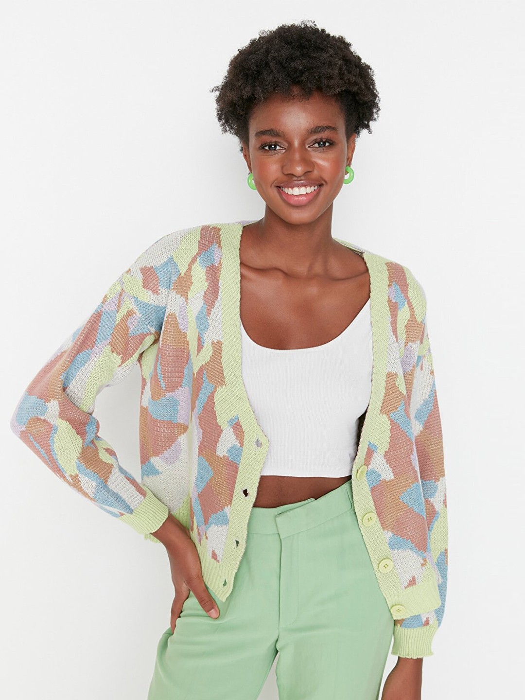 

Trendyol Women Green & Brown Printed V-Neck Top