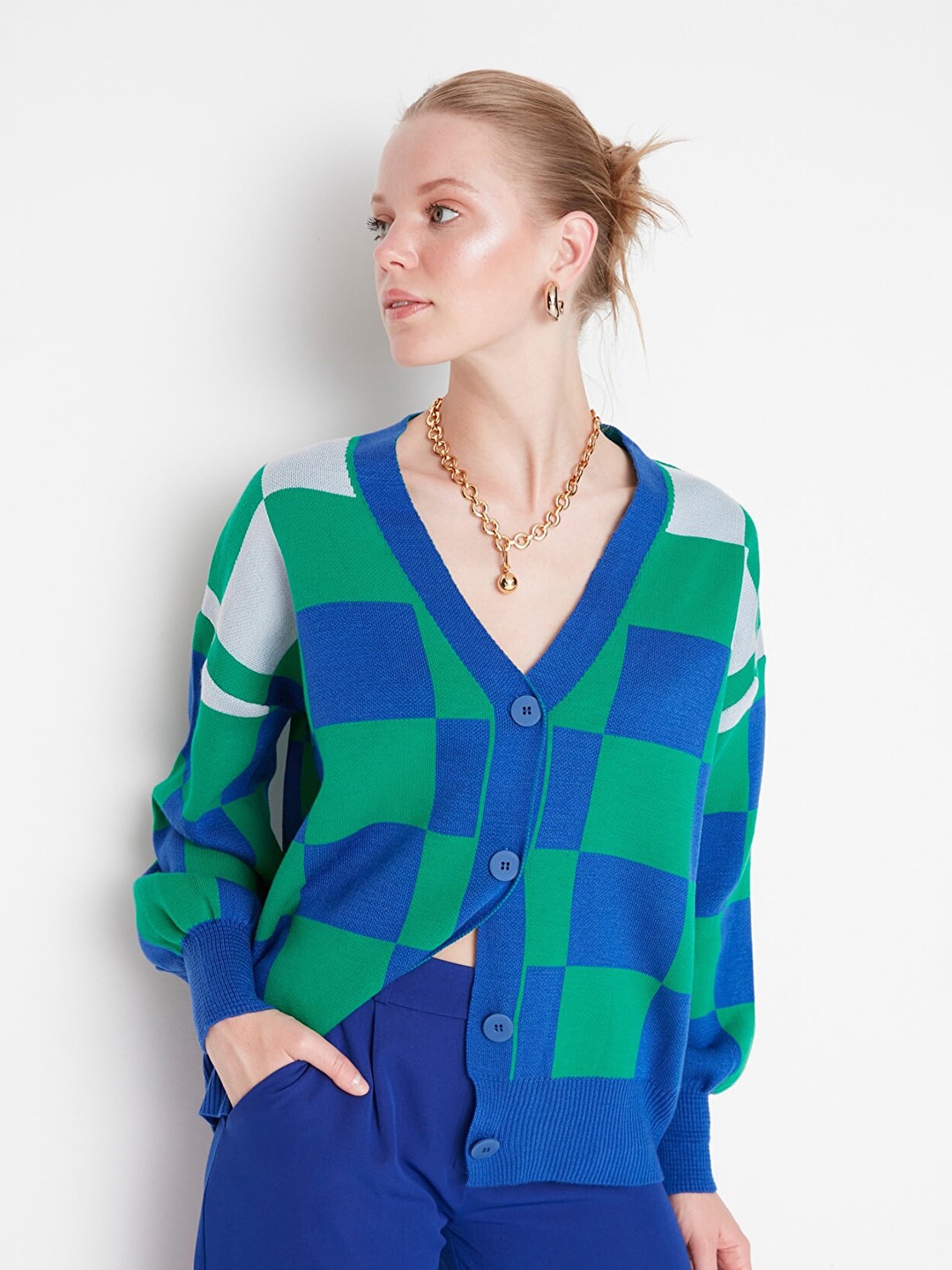 

Trendyol Women Blue & Green Checked Shirt Style Top