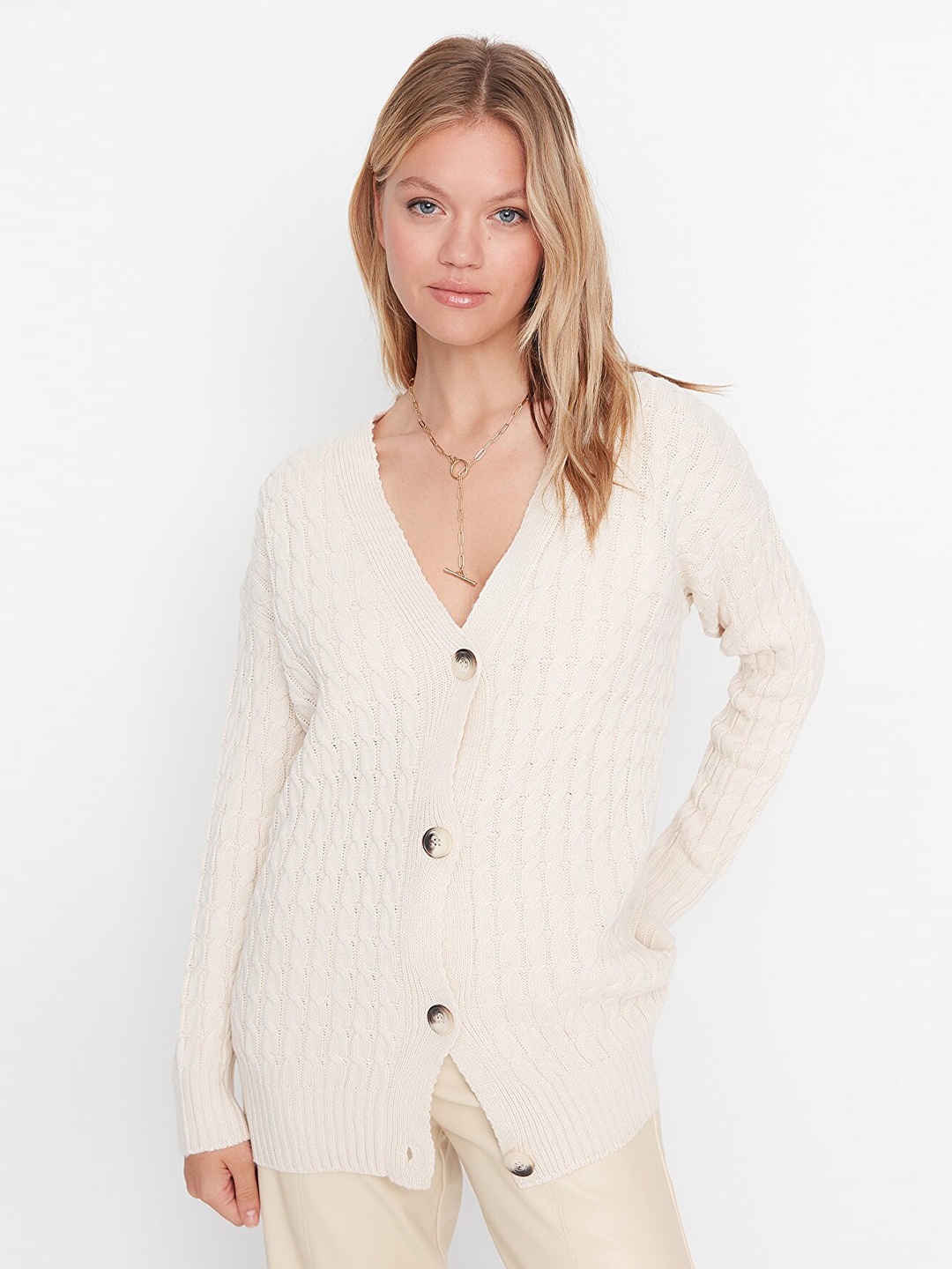 

Trendyol Women Off White Cable Knit Longline Cardigan