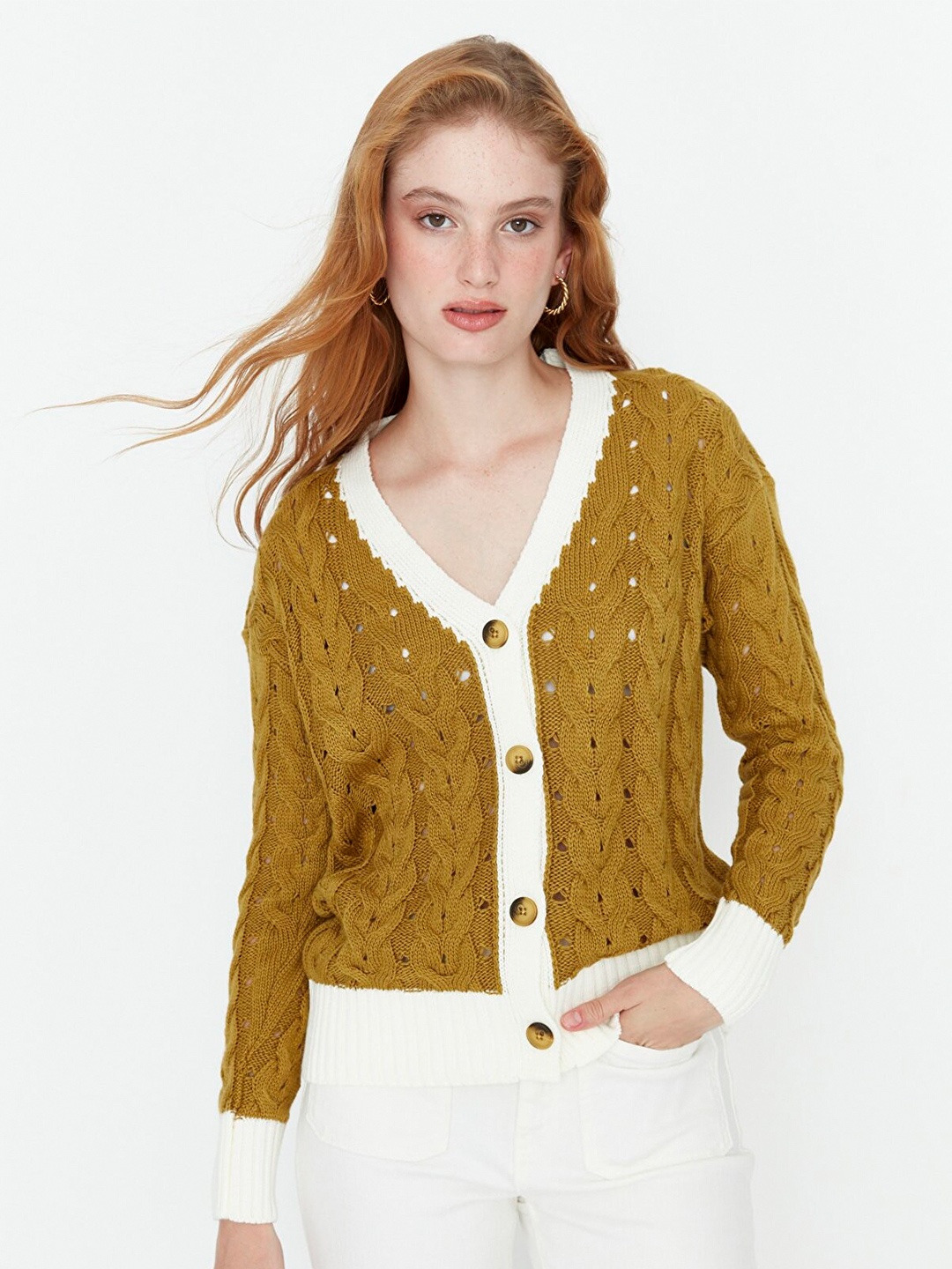 

Trendyol Women Mustard & Off White Cable Knit Cardigan