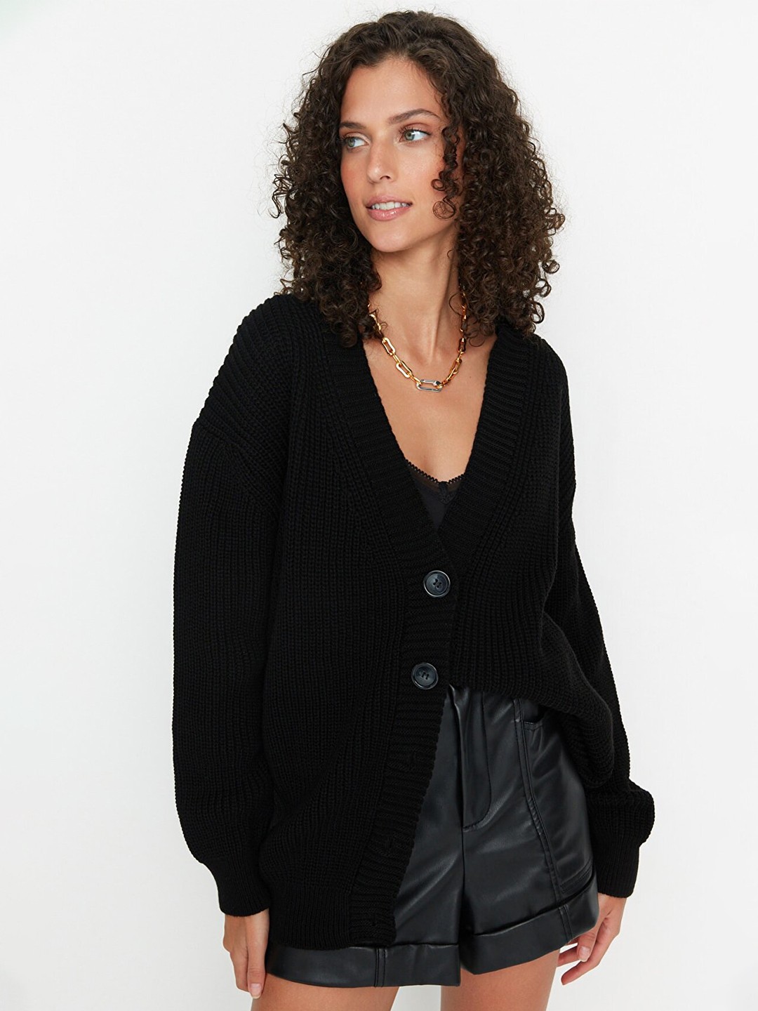 

Trendyol Women Black Solid Acrylic Longline Cardigan