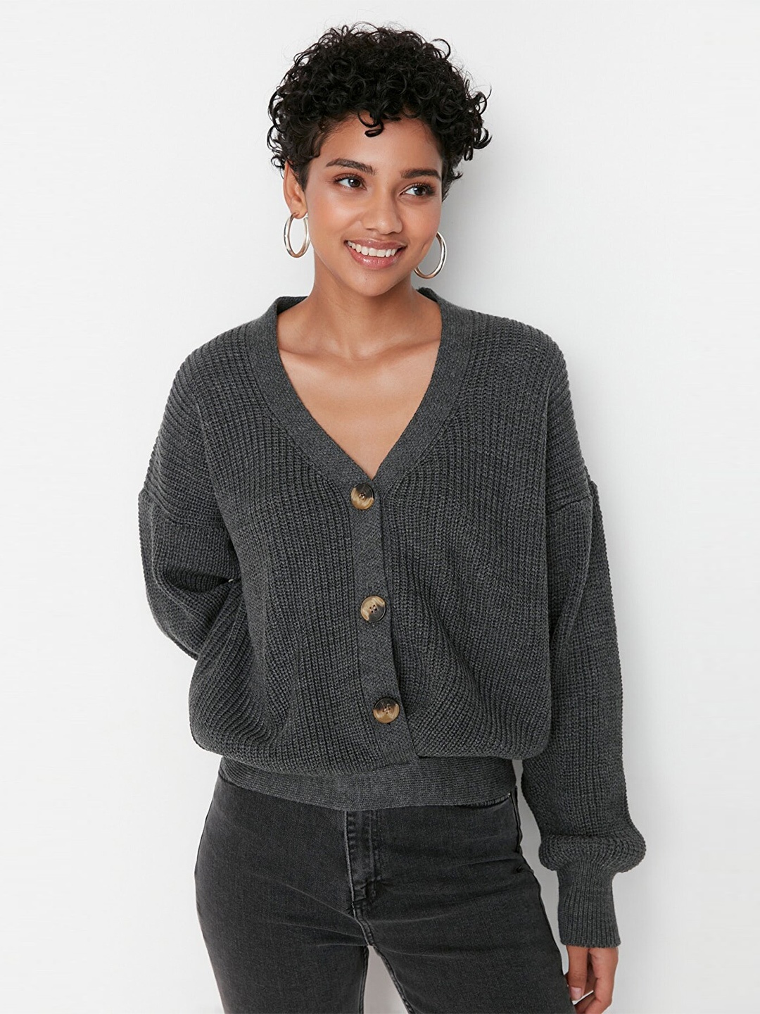 

Trendyol Women Charcoal Grey Solid Cardigan