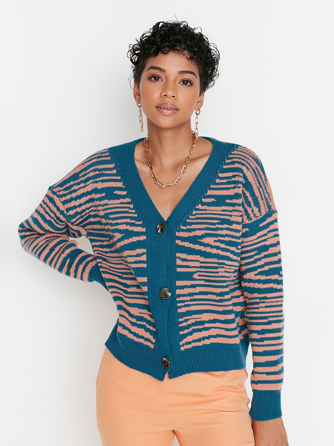 

Trendyol Women Grey & Coral Horizontal stripes Top