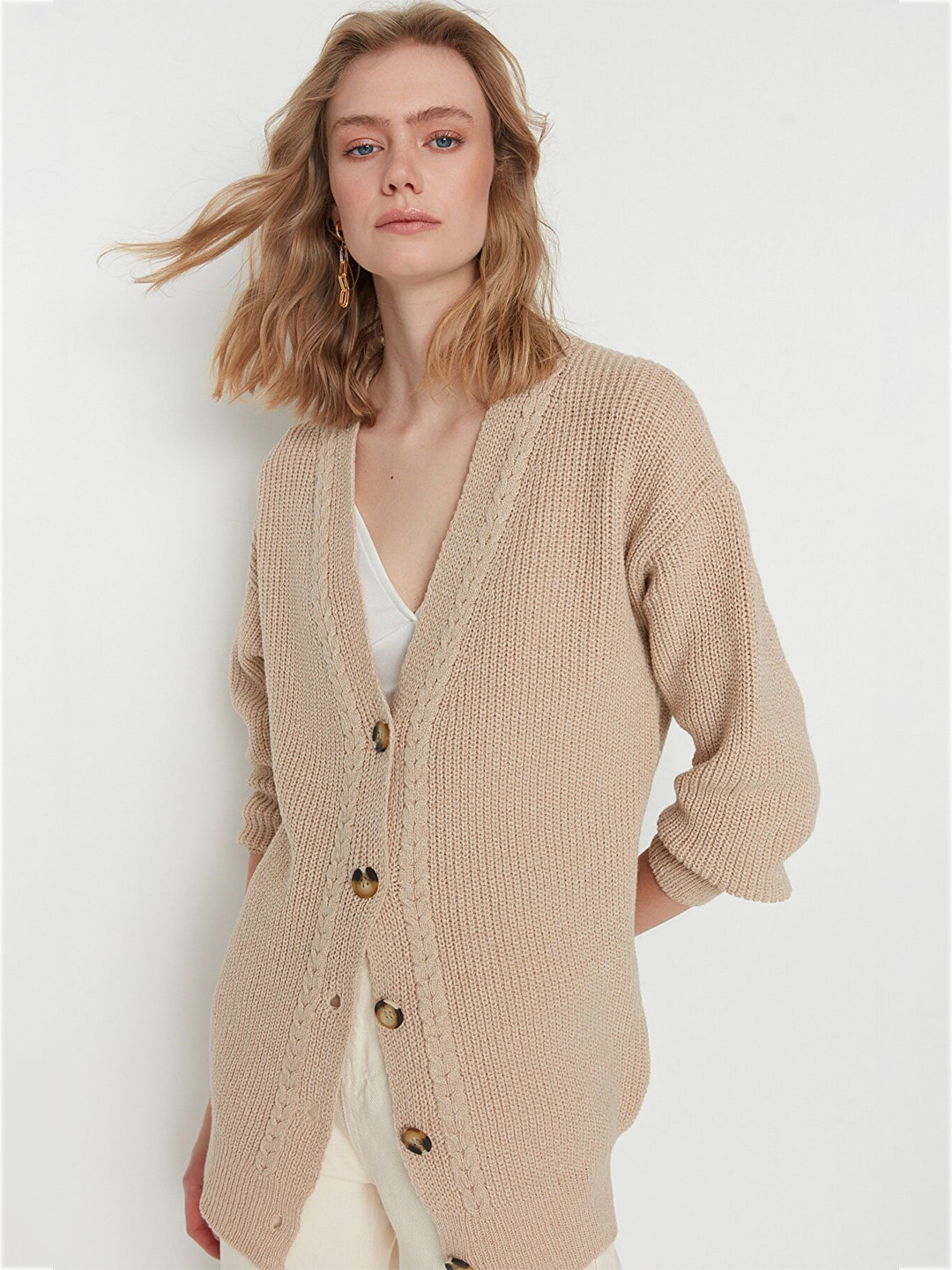

Trendyol Women Beige Ribbed Longline Cardigan