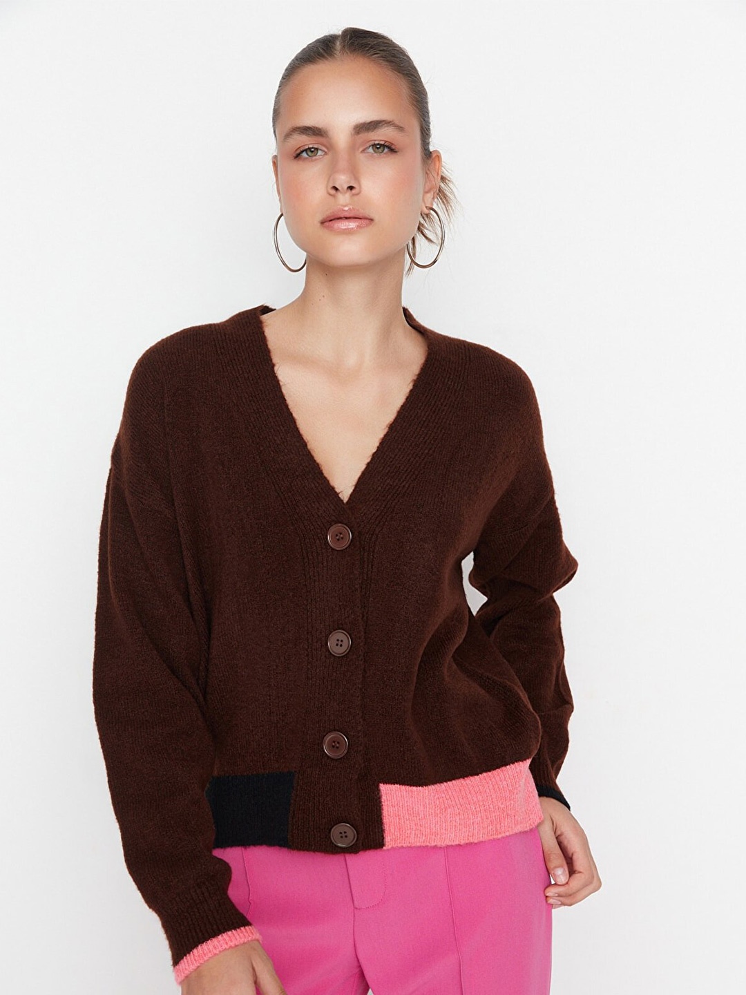 

Trendyol Women Brown & Peach-Coloured Colourblocked Cardigan