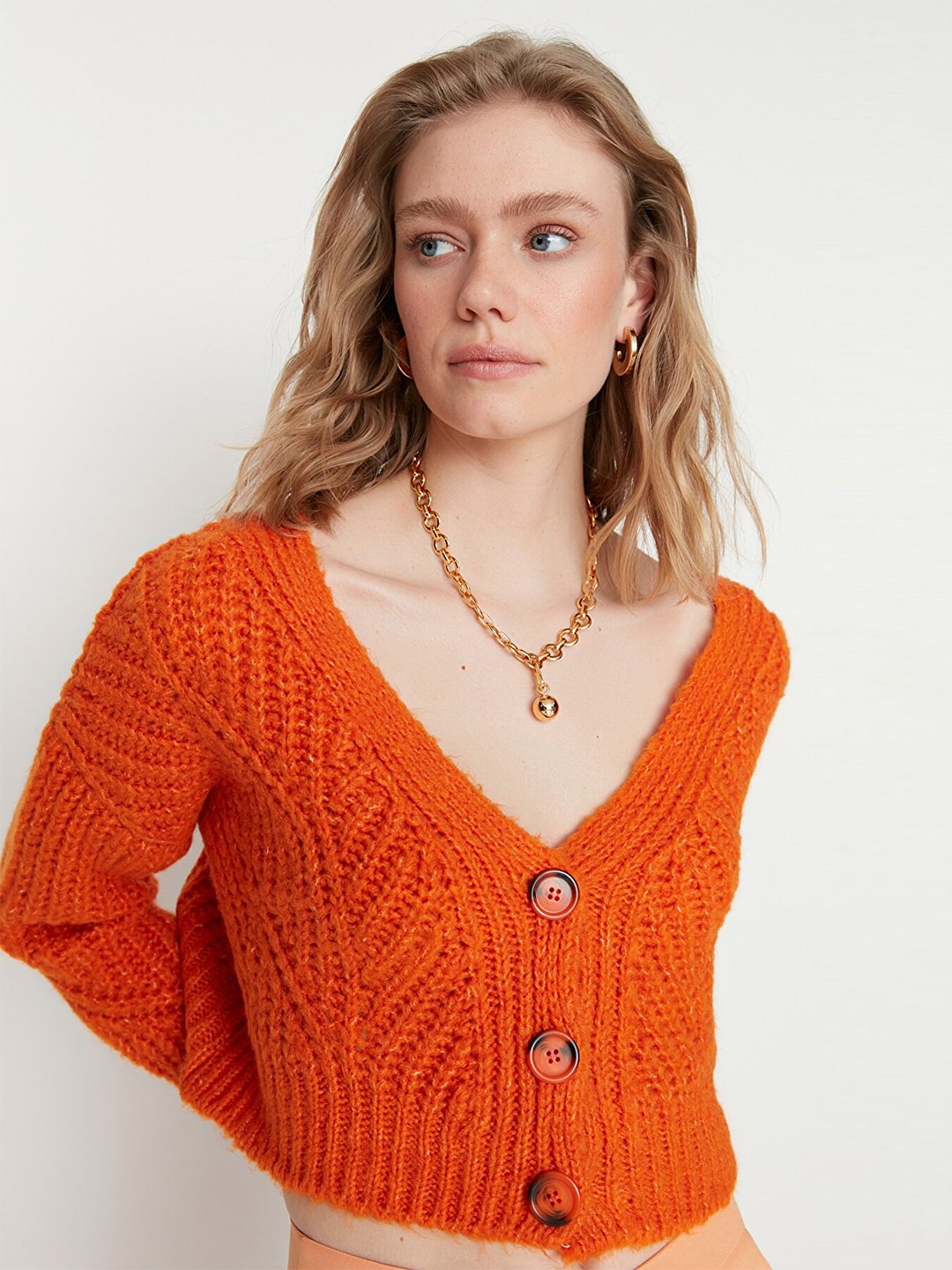 

Trendyol Women Orange Cable Knit Crop Sweater