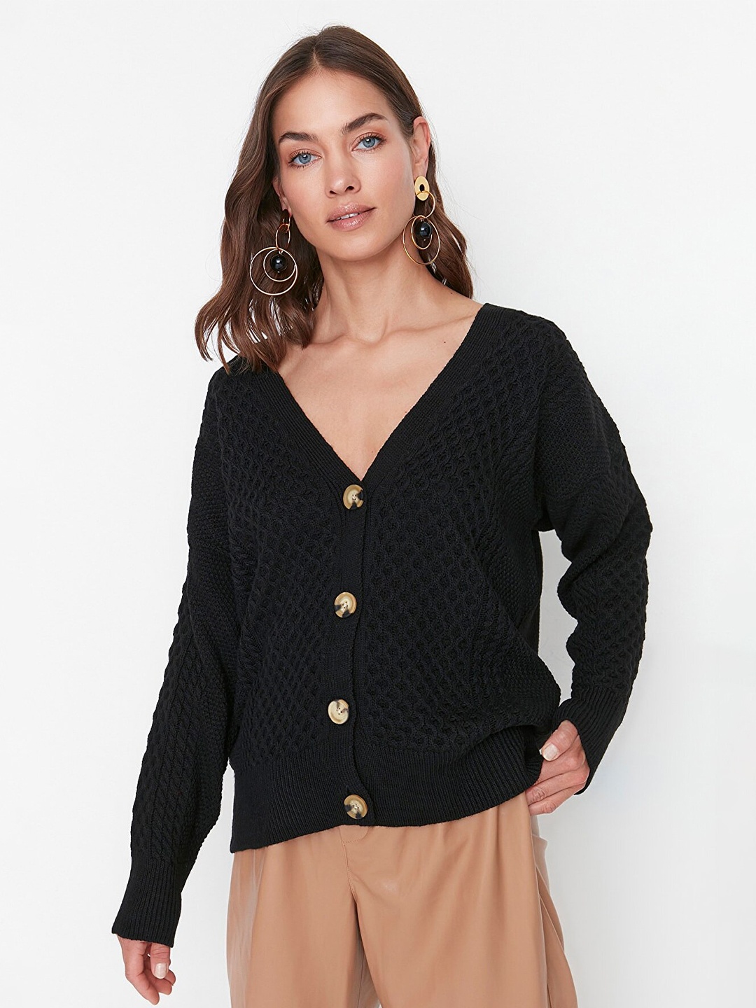 

Trendyol Women Textured Knitted Cardigan, Black