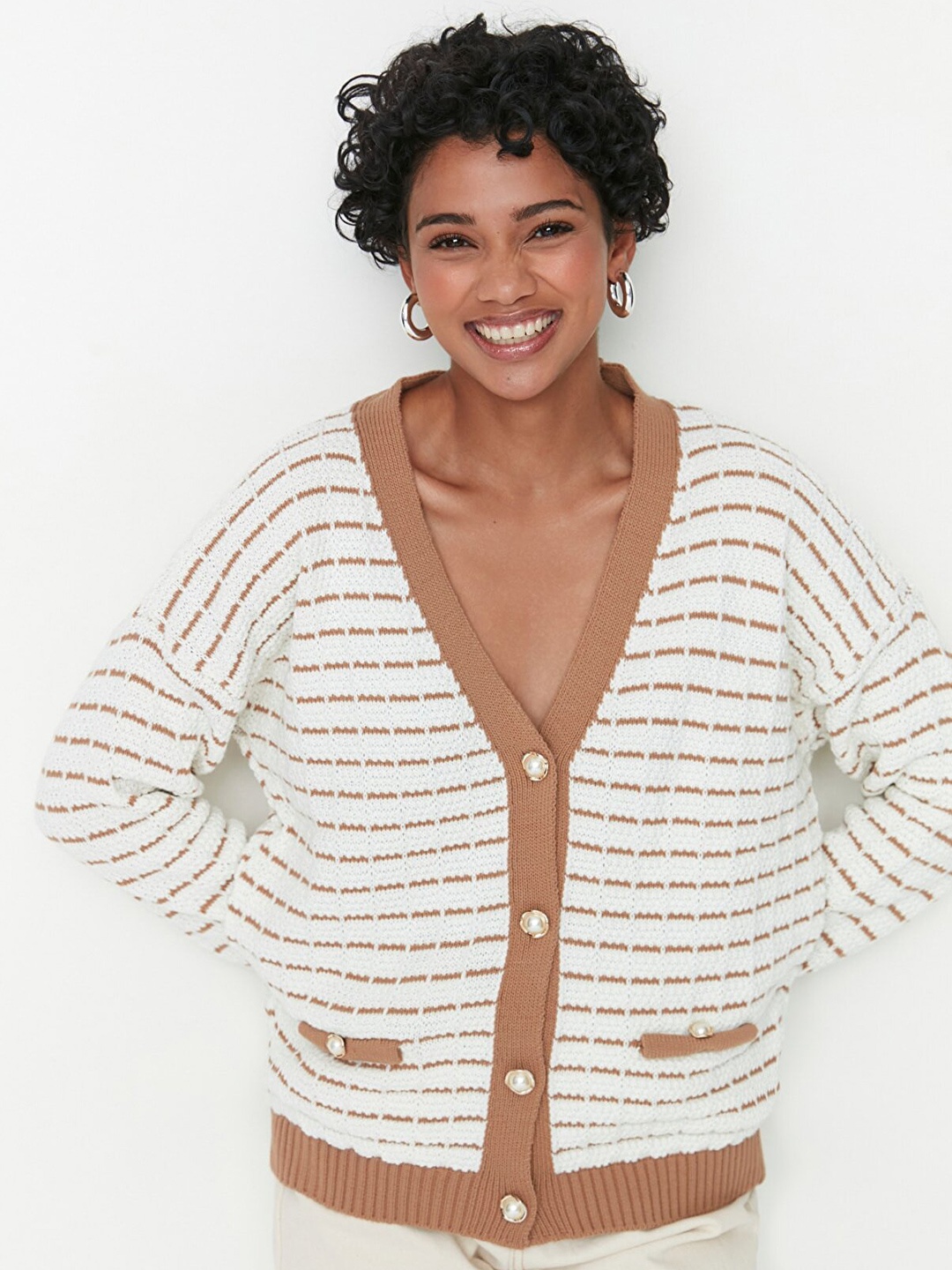 

Trendyol Women Off White Striped Cardigan