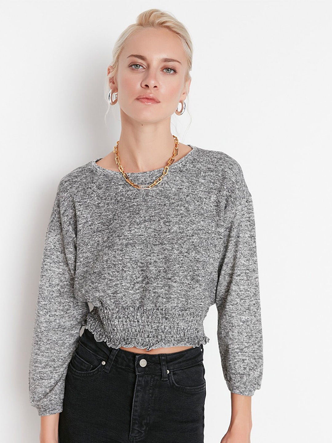 

Trendyol Grey Smocked Blouson Crop Top