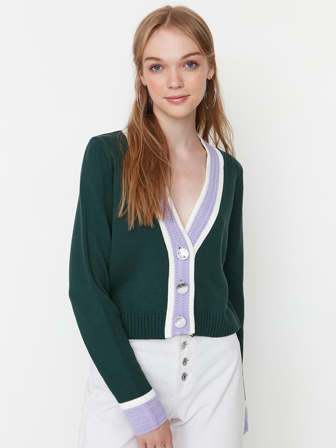 

Trendyol Women Green & Lavender Colourblocked Acrylic Cardigan Sweater