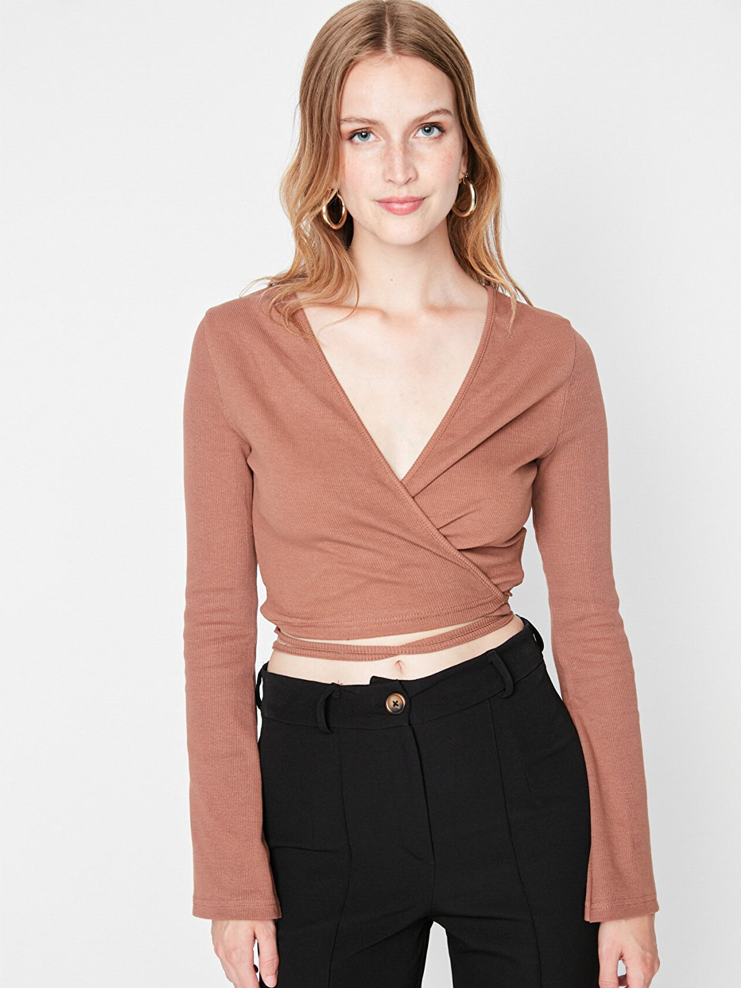 

Trendyol Brown Solid Pure Cotton Wrap Crop Top