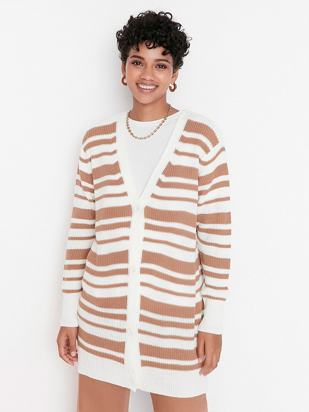 

Trendyol Women Camel Brown Acrylic Striped Striped Longline Cardigan