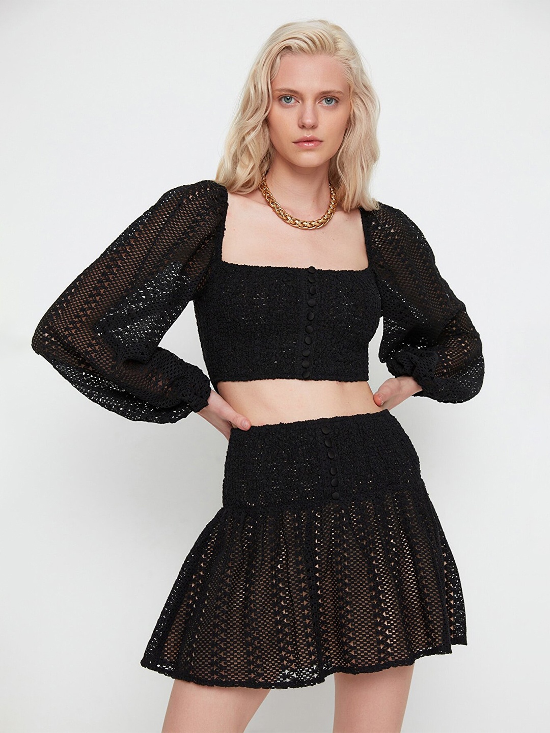 

Trendyol Women Black Self Design Square Neck Crop Top