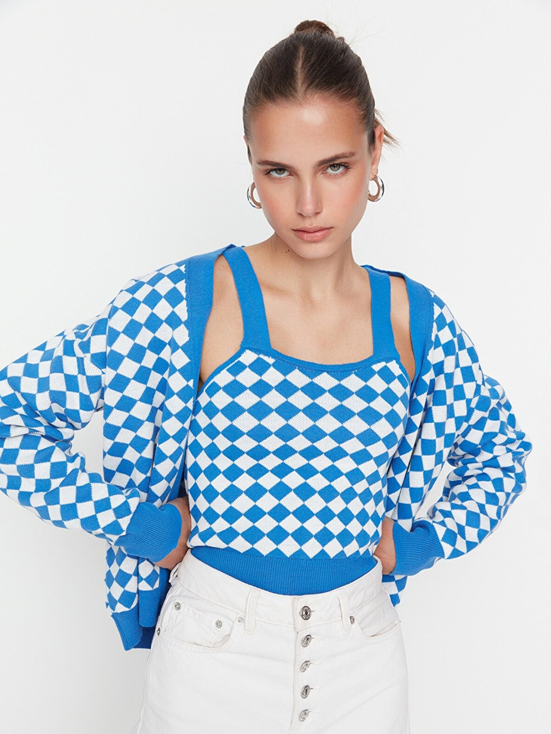 

Trendyol Women Blue & White Checked Top