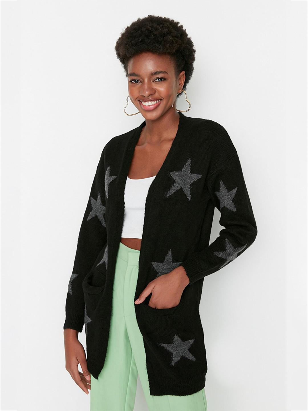 

Trendyol Women Black Printed Longline Front Open Sweater