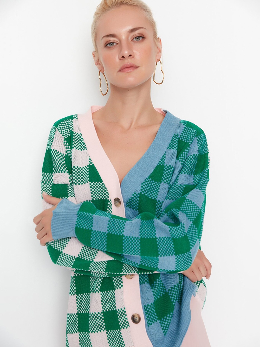 

Trendyol Women Green & Blue Checked Cardigan Sweater