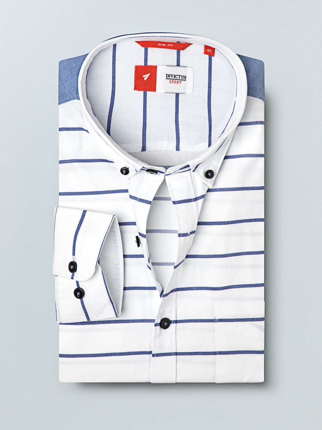 

INVICTUS Men White & Blue Slim Fit Horizontal Stripes Casual Shirt