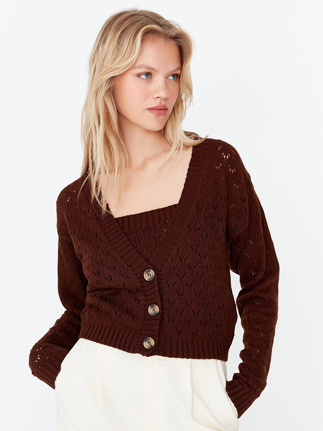 

Trendyol Women Brown Open Knit Cardigan