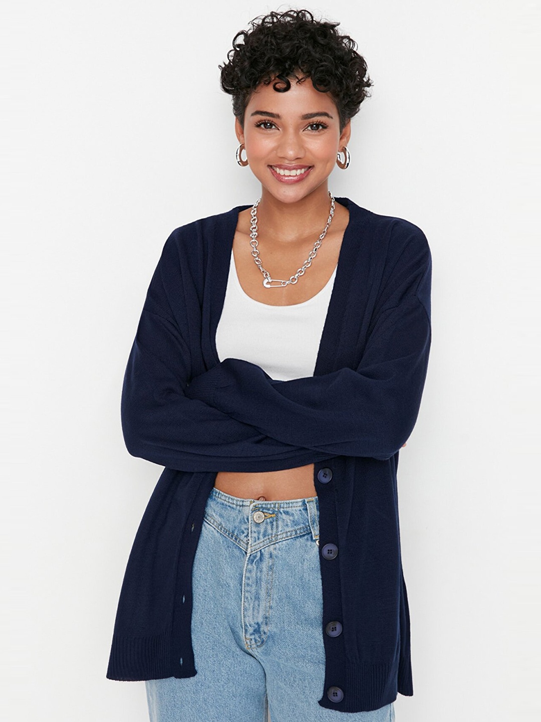 

Trendyol Women Navy Blue V-Neck Knitted Cardigan