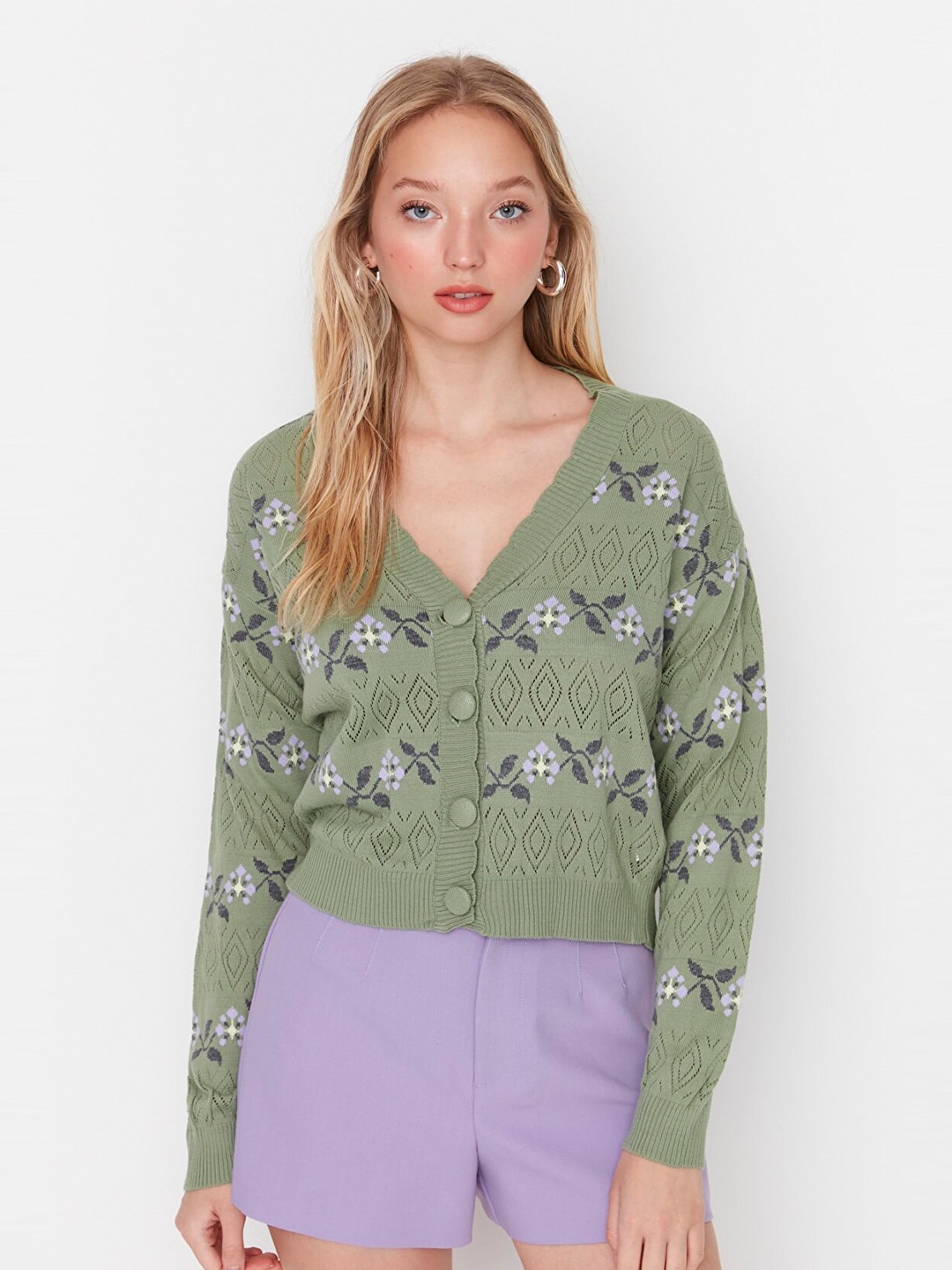 

Trendyol Green & Purple Floral Print Shirt Style Top