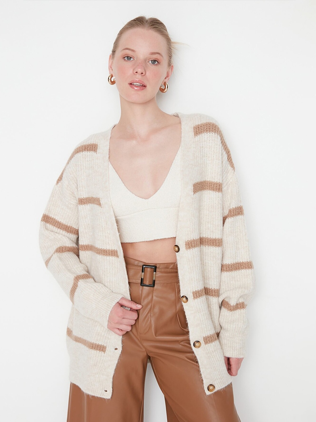 

Trendyol Women Off White & Beige Striped Pullover