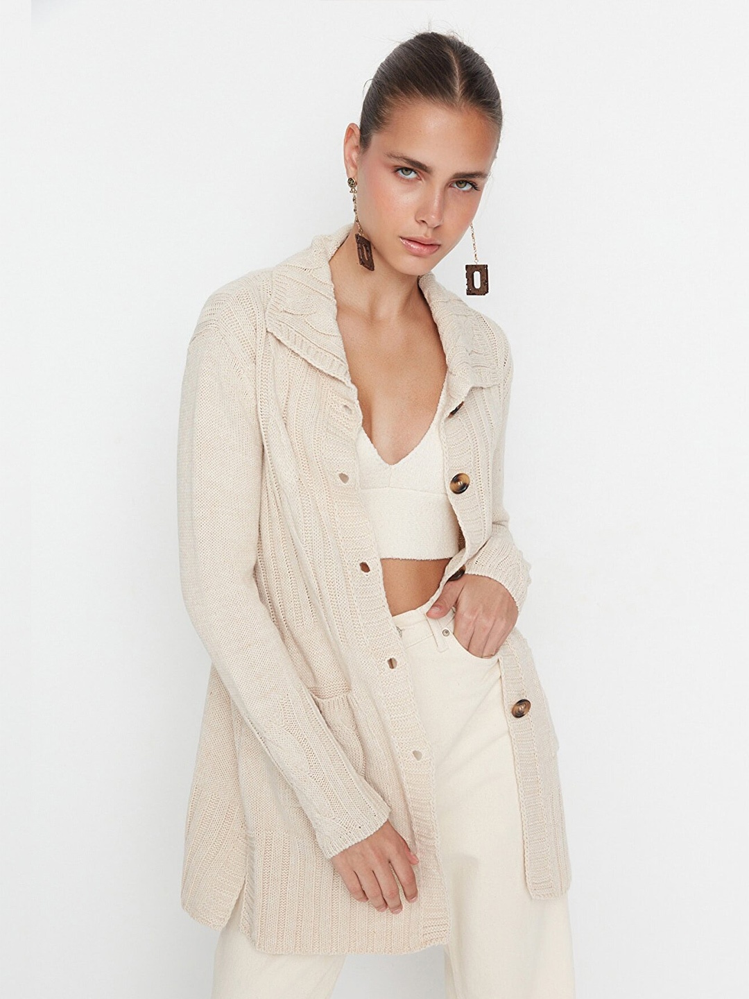 

Trendyol Women Beige Cable Knit Longline Cardigan