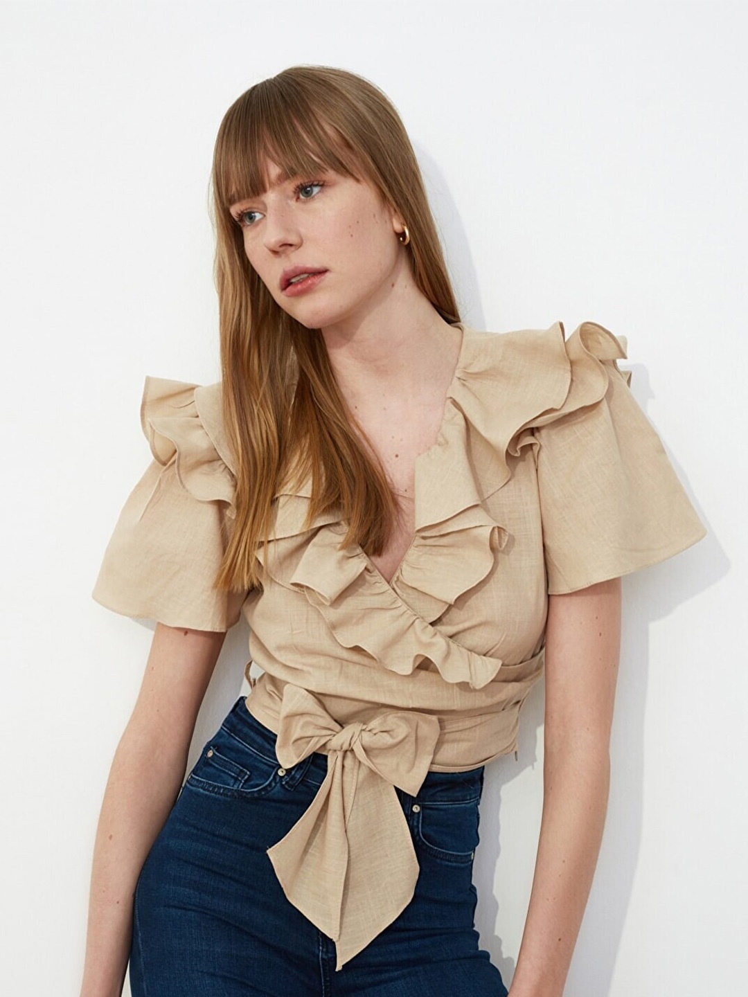 

Trendyol Women Beige Ruffled Pure Cotton Wrap Top