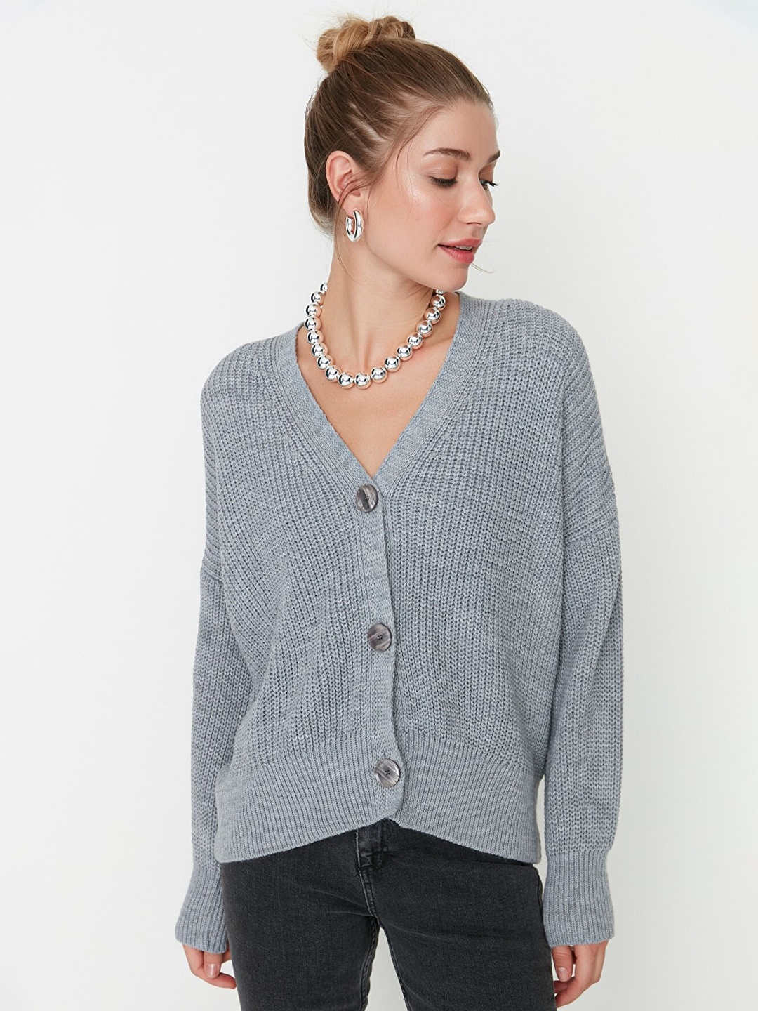 

Trendyol Grey Striped Extended Sleeves Shirt Style Top