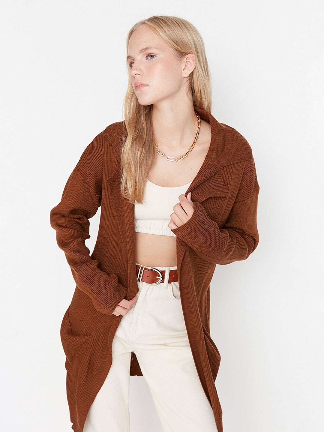 

Trendyol Women Brown Longline Front Open Sweater