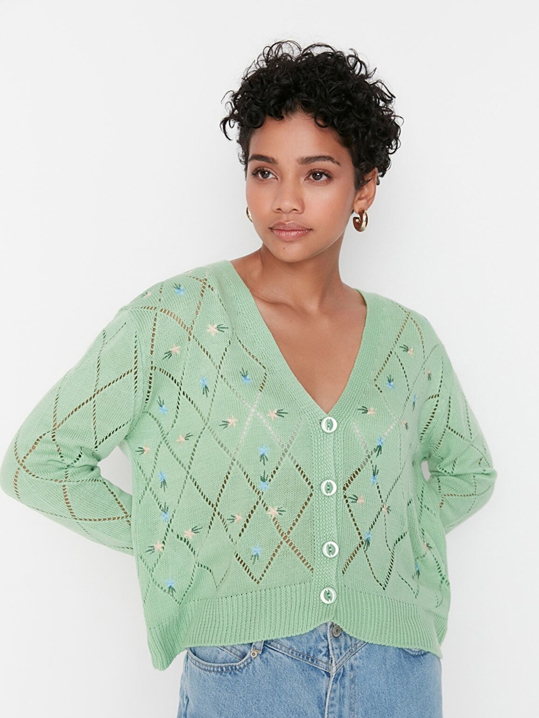 

Trendyol Women Green Self Design Cardigan Sweater