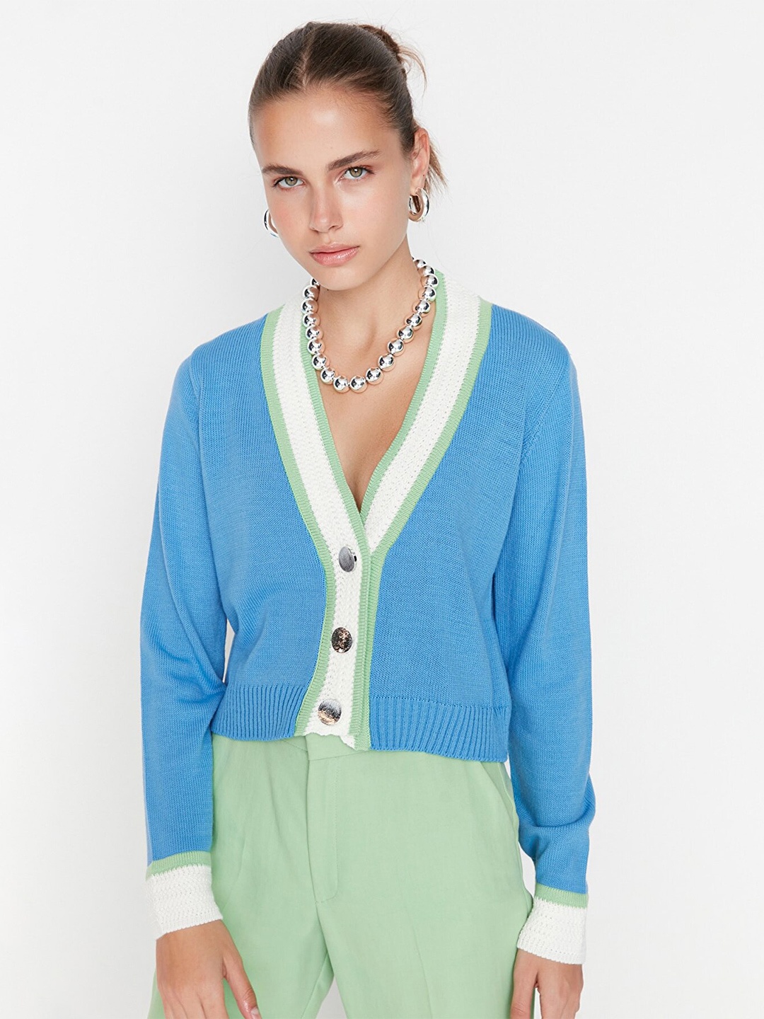 

Trendyol Women Blue Solid Acrylic Cardigan Sweater