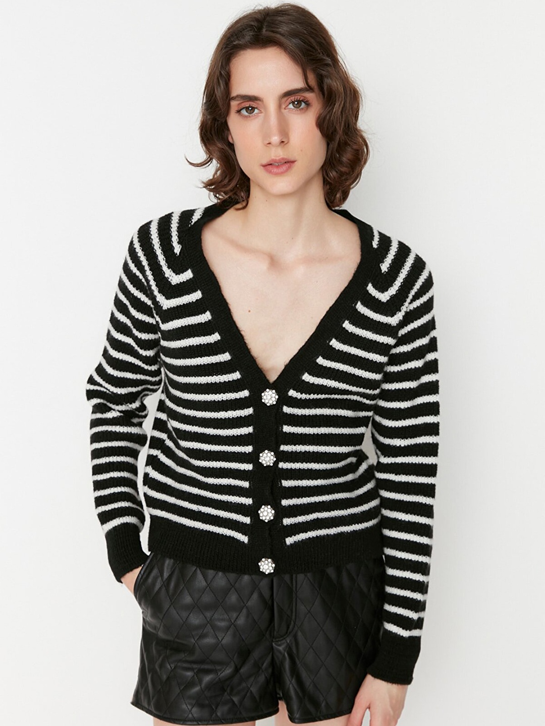 

Trendyol Women Black & White Striped Acrylic Cardigan Sweater