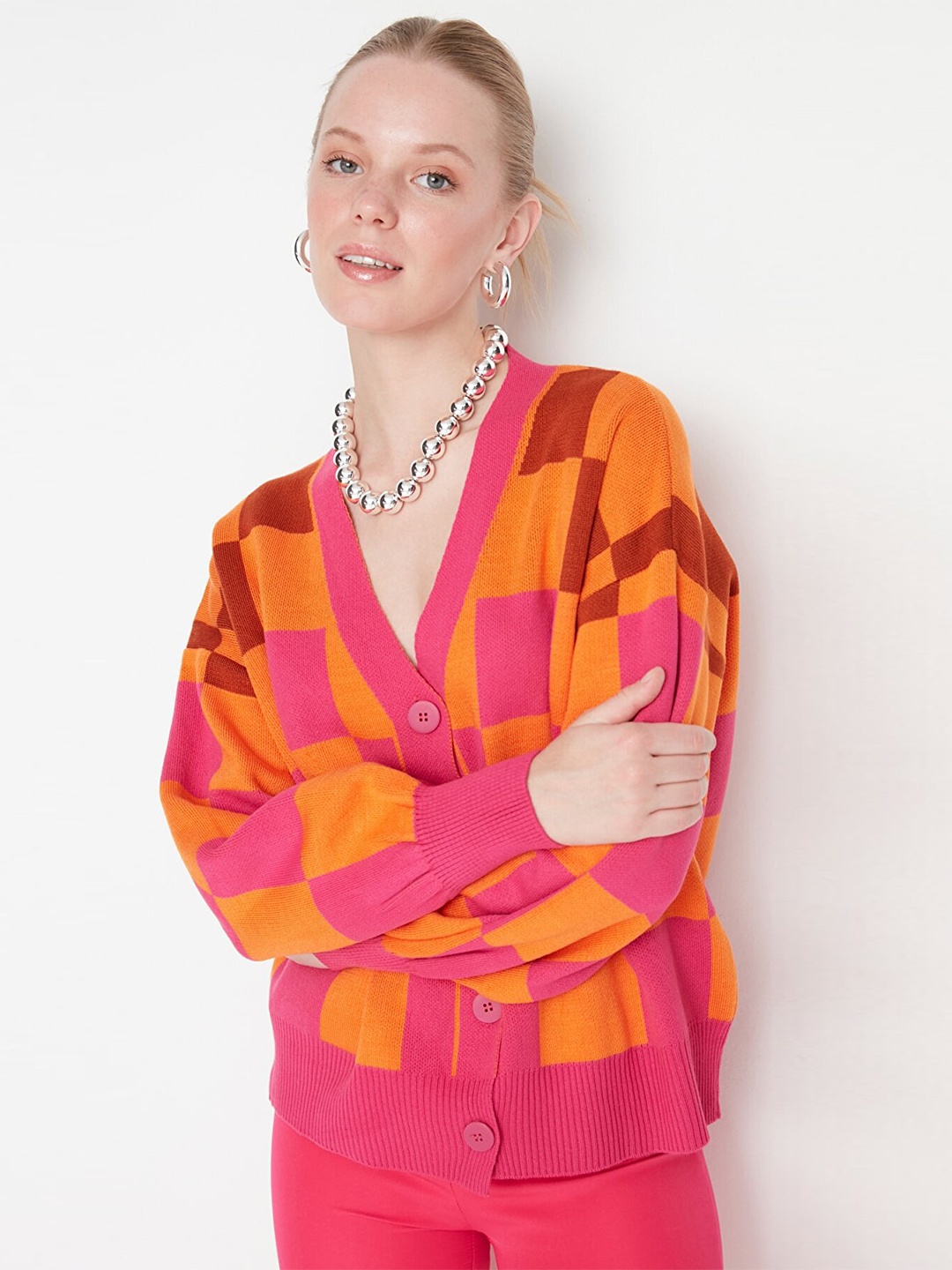 

Trendyol Women Orange & Pink Self Design Acrylic Cardigan Sweater