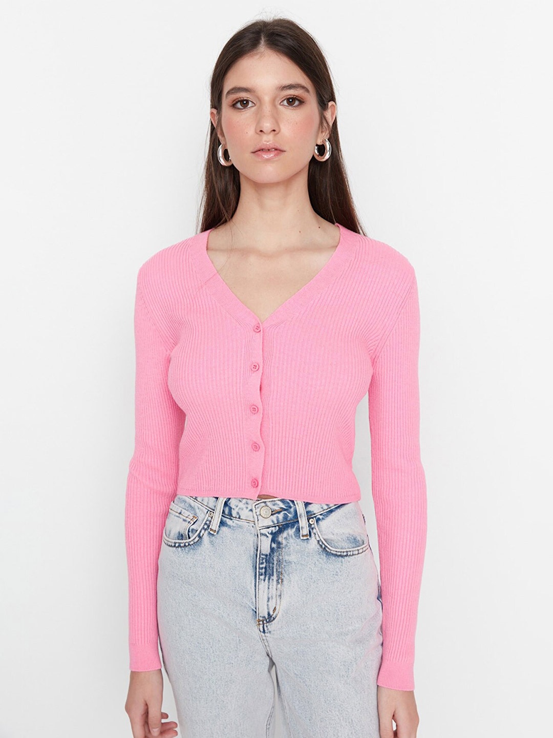 

Trendyol Women Pink Ribbed Cardigan