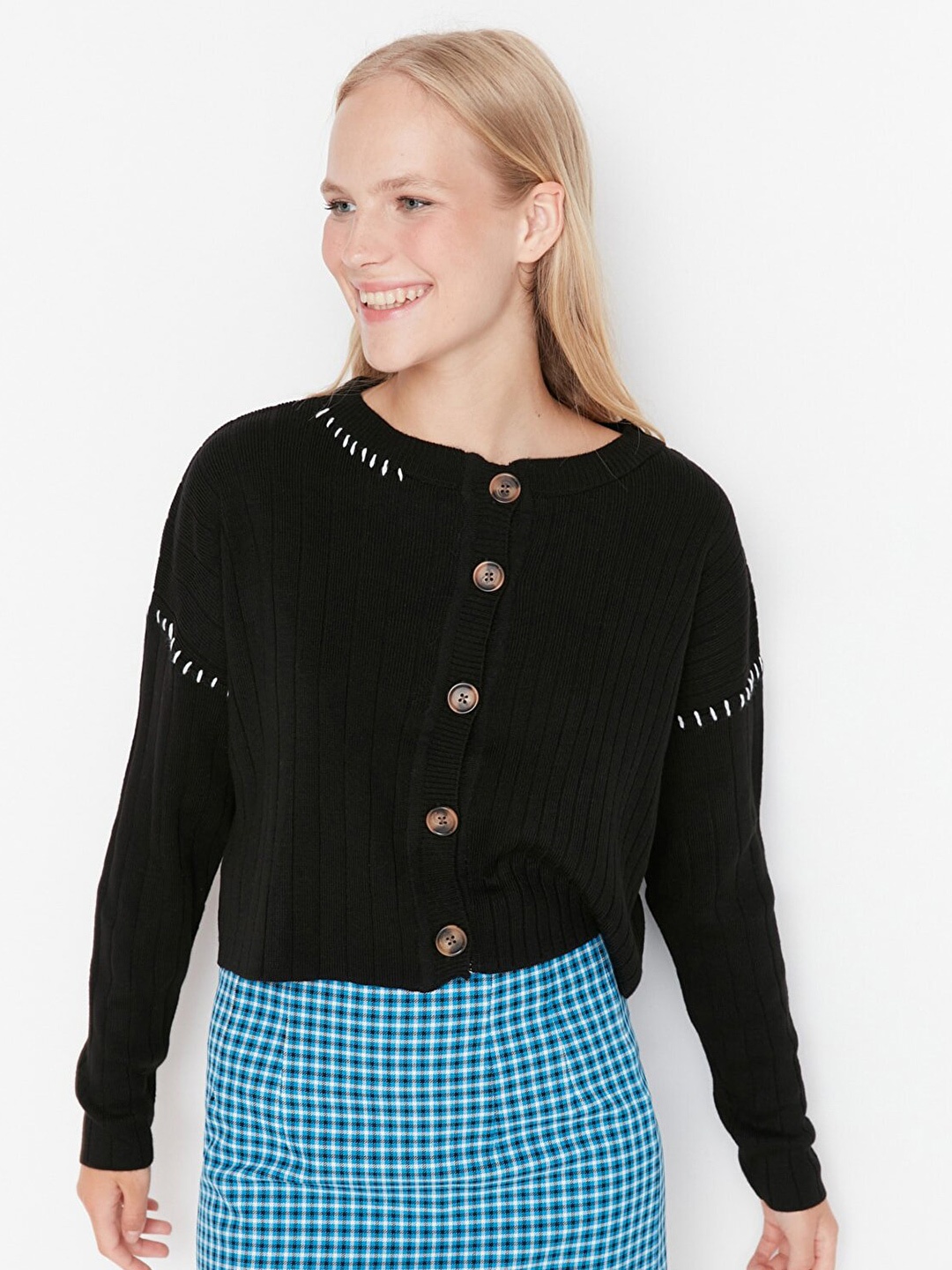 

Trendyol Women Black Solid Acrylic Cardigan Sweater