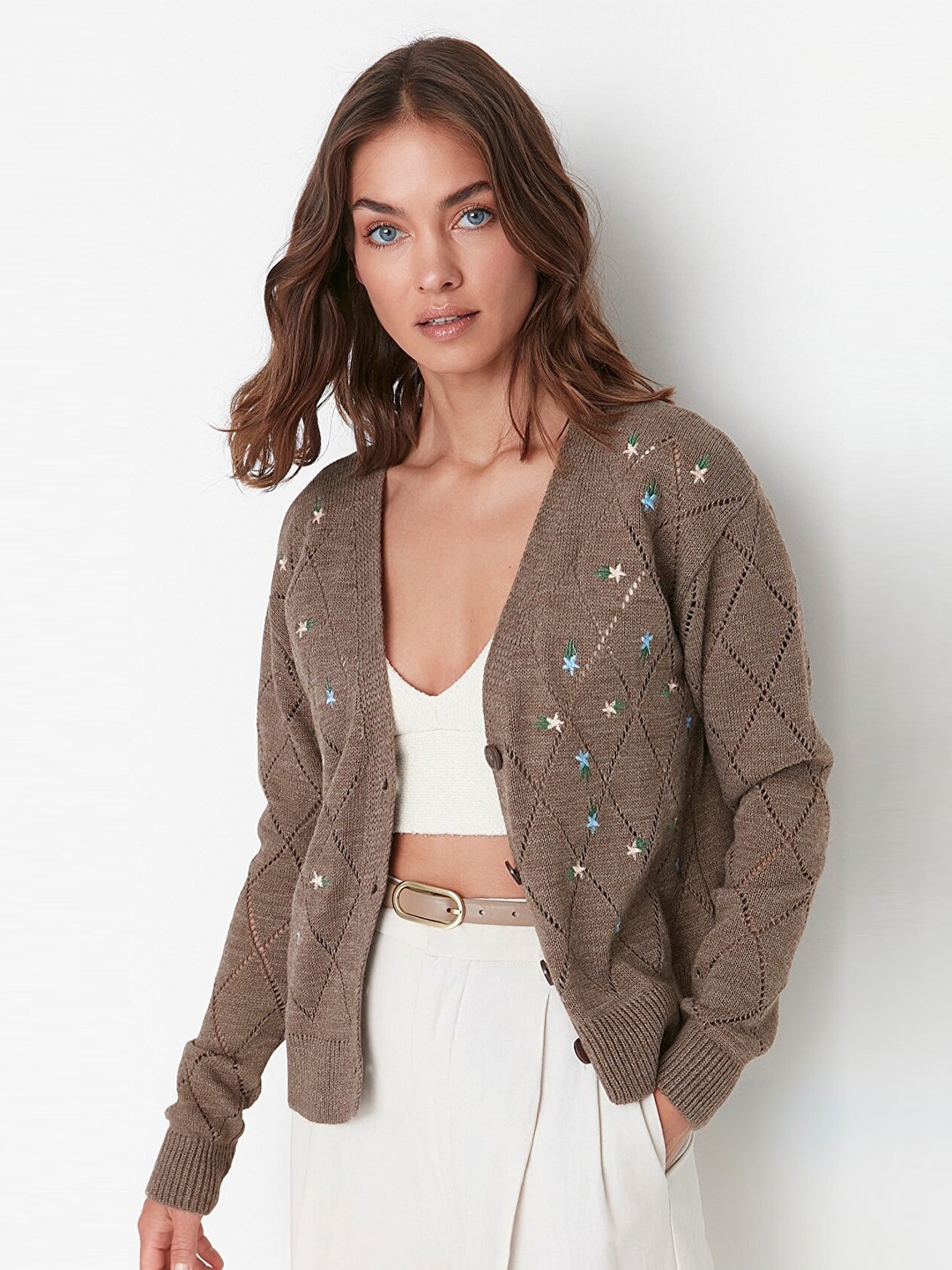 

Trendyol Women Brown Self Design Cardigan Sweater